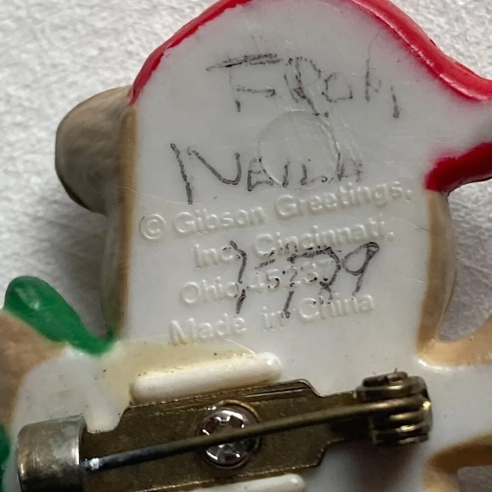 Vintage Teddy Bear Christmas Brooch Pins Lot of 2 Ice Skating Gibson Greetings